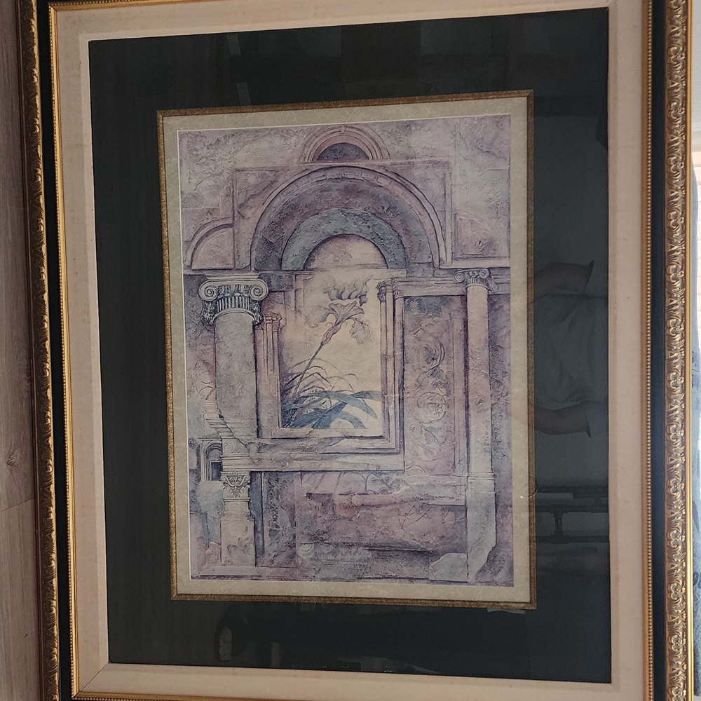 Antique Arnold Kwan Painting, Iris & Roman Columns, NEW